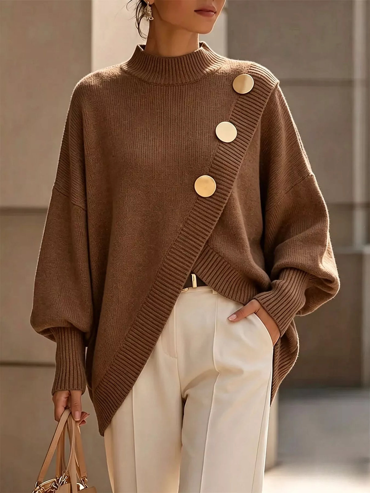Asymmetric Button-Decorated Sweater — front view