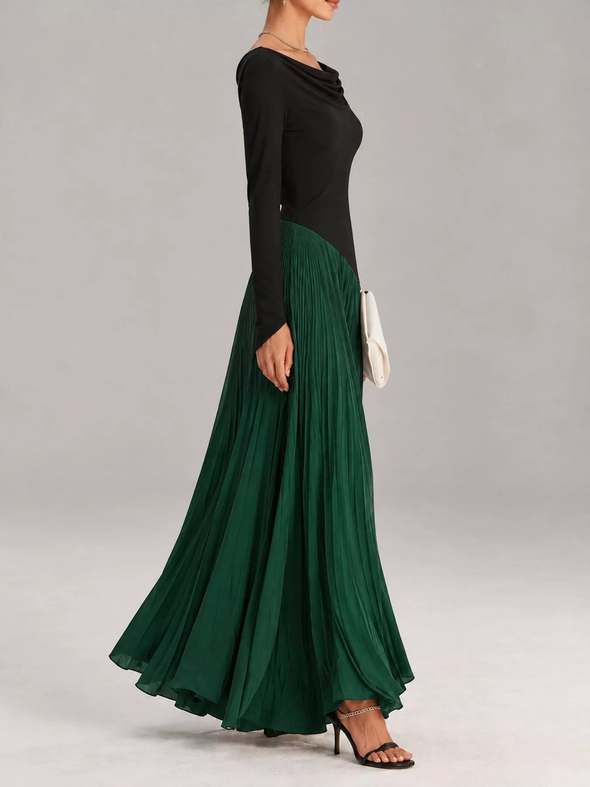 Cowl neck long sleeve maxi dress, side view