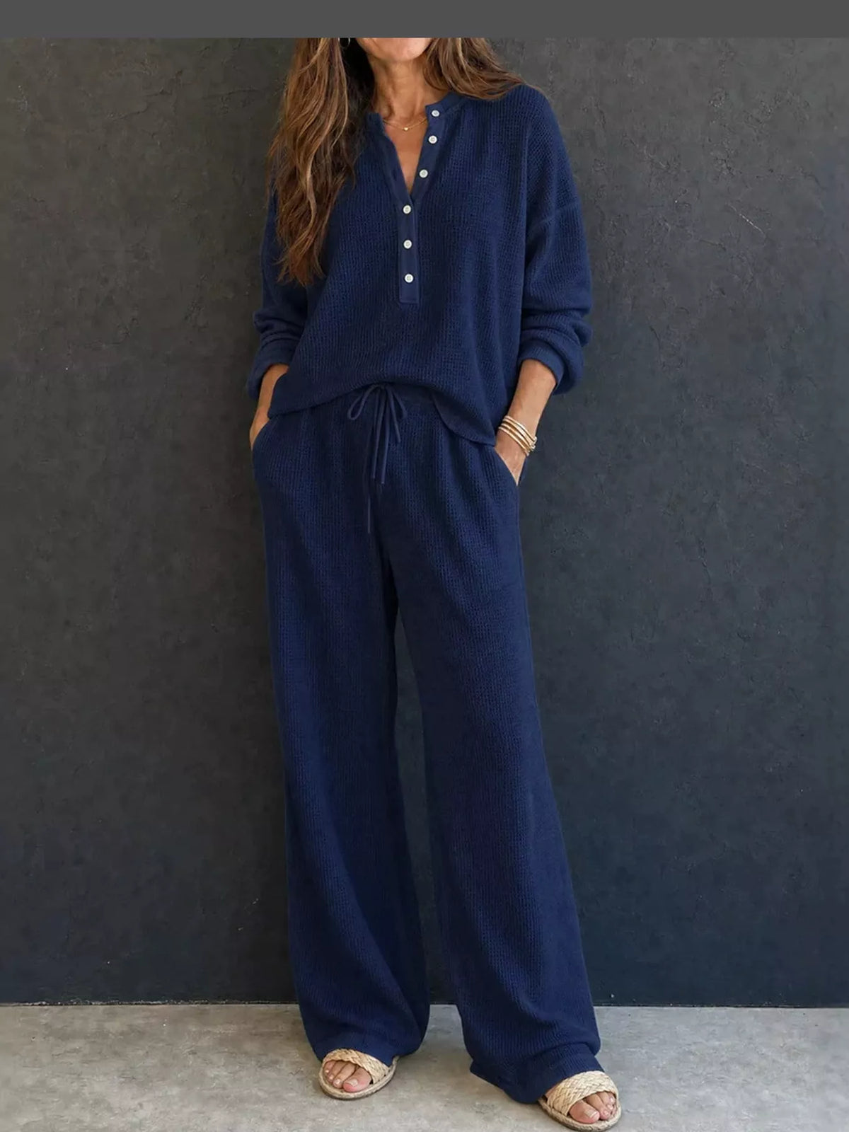 Navy Blue waffle knit button detail top and pants set