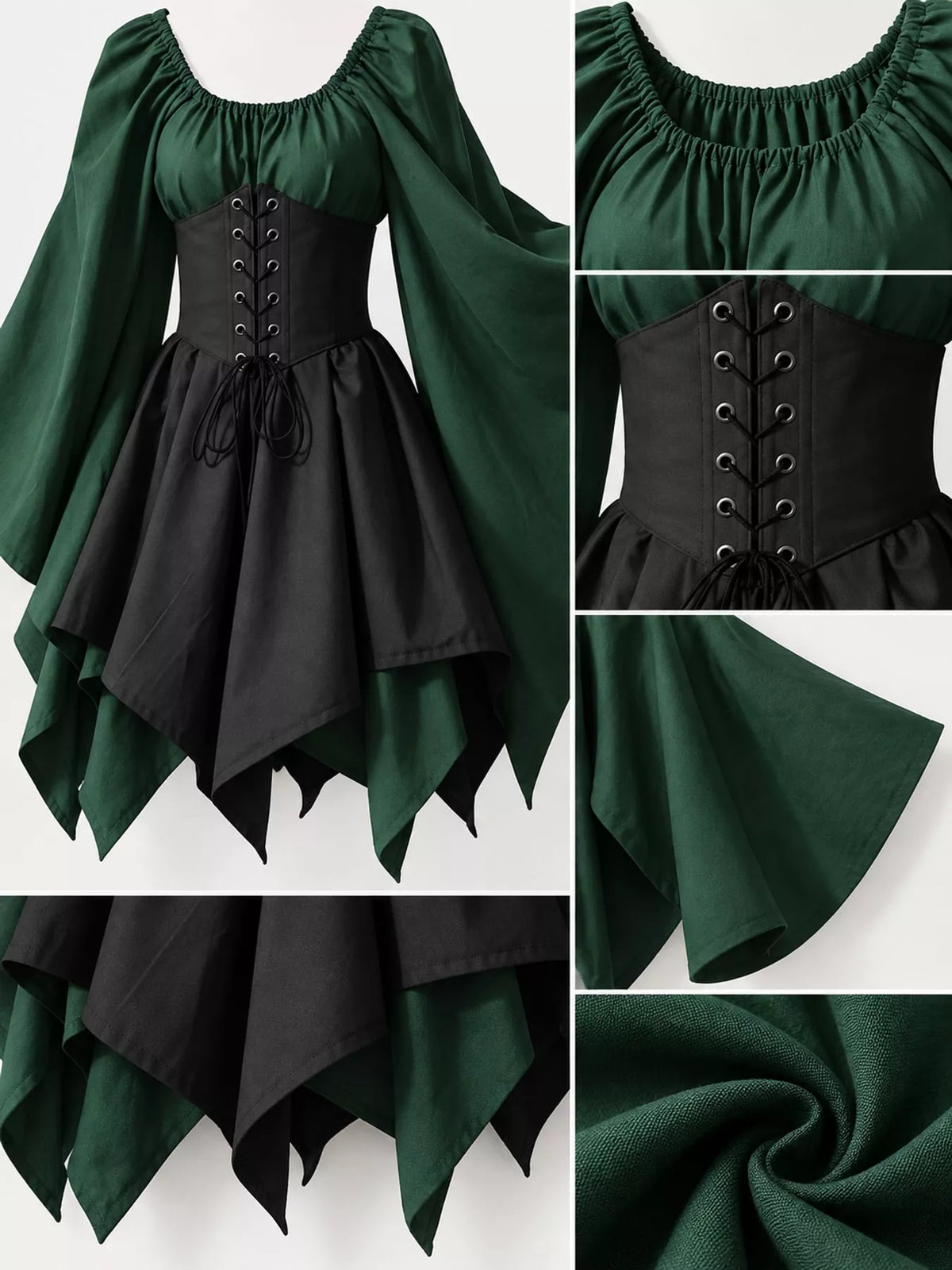 Lace-up asymmetric dress, green black lace up bodice detail