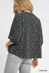 Trendsi Umgee Leopard Print Jacquard Blouse with Puff Sleeves -