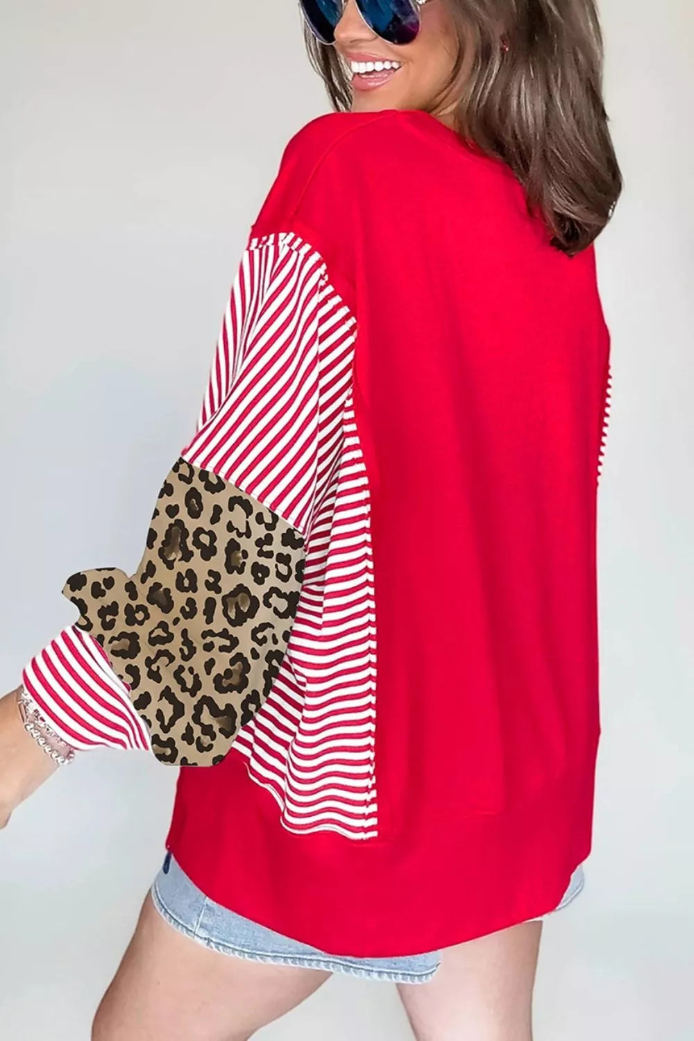 Trendsi Leopard and Striped Patchwork Sleeves Sweatshirt -