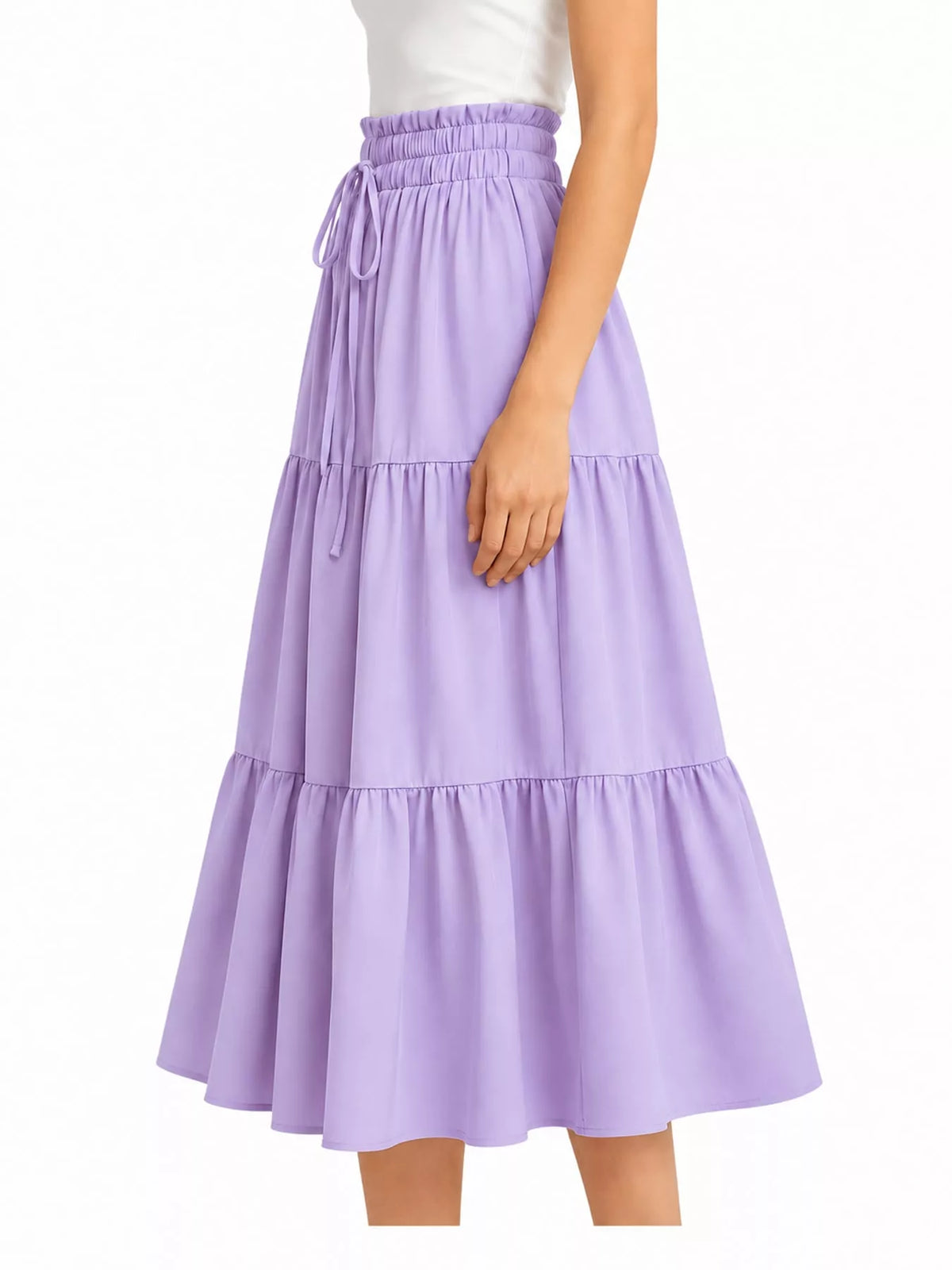Purple drawstring tiered skirt — side view