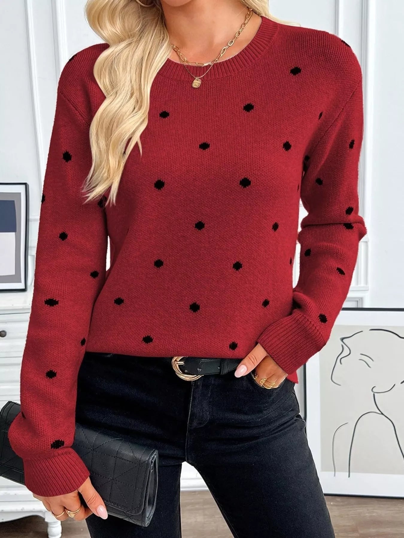 Trendsi Polka Dot Crew Neck Sweater -