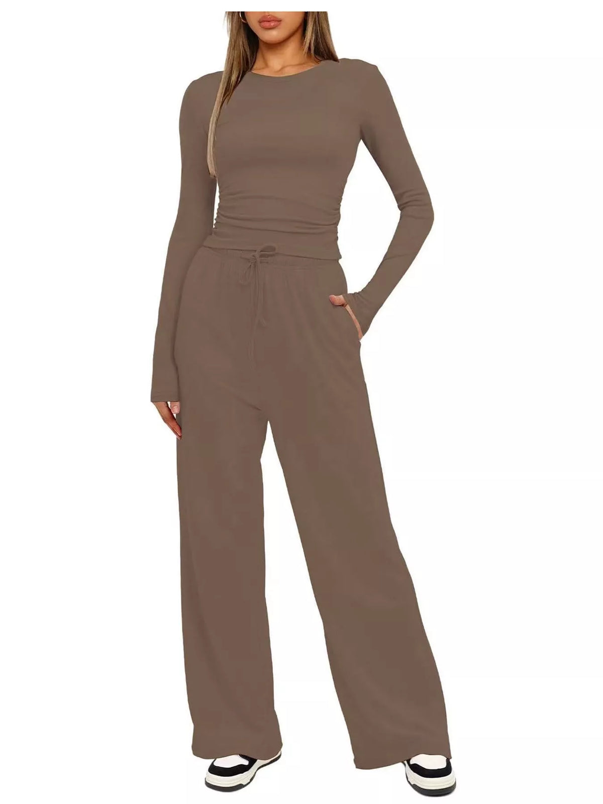 Long Sleeve Top and Wide-Leg Drawstring Pants Set — front view