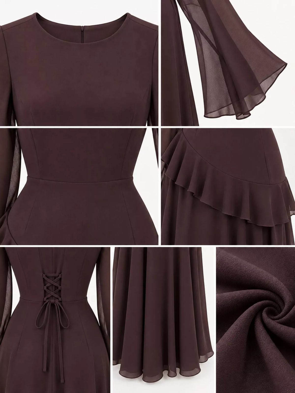 Burgundy ruffled flare sleeve maxi dress, detail view