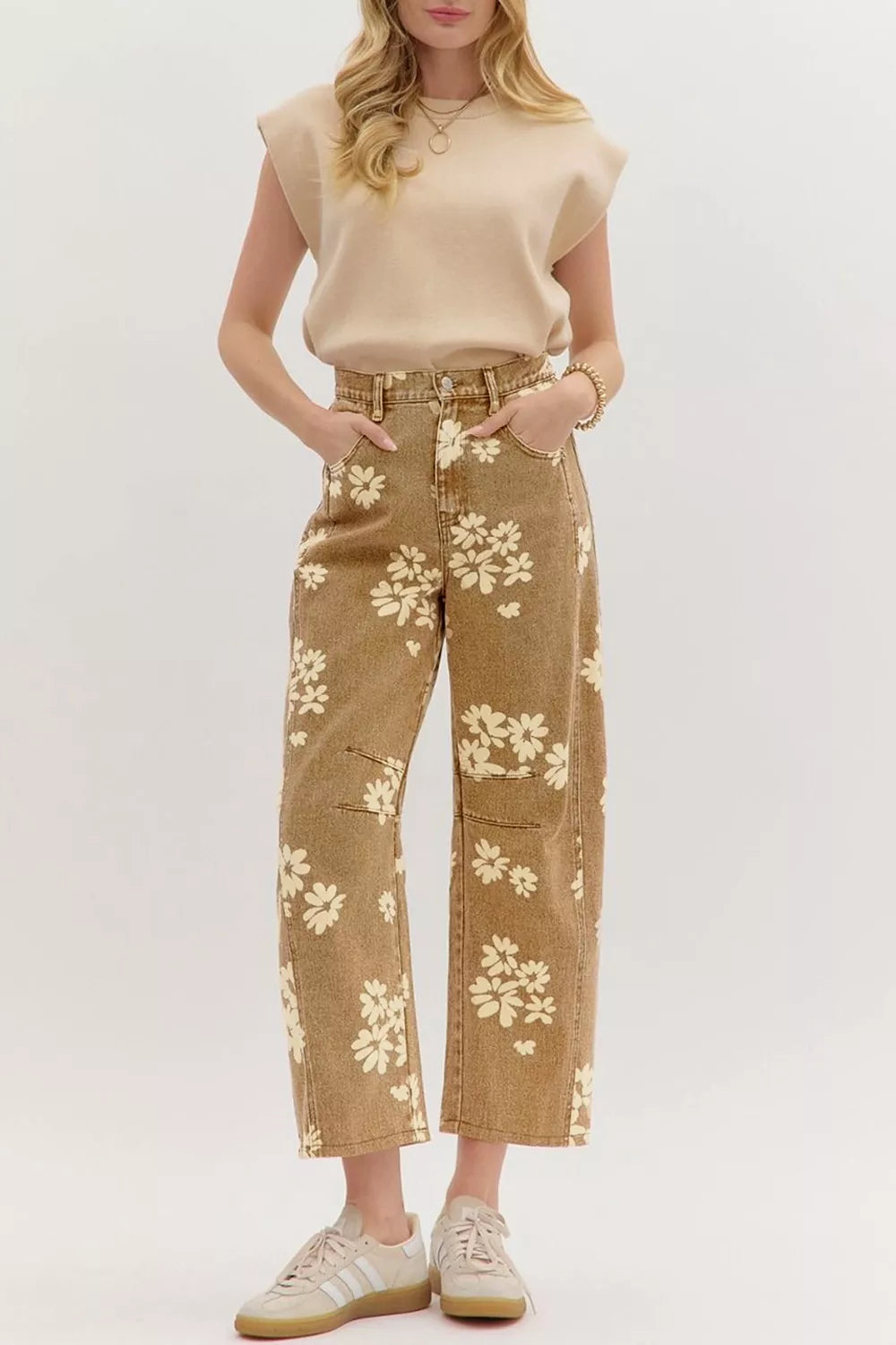 Trendsi Floral Print Metal Button Pleated Straight Leg Jeans -
