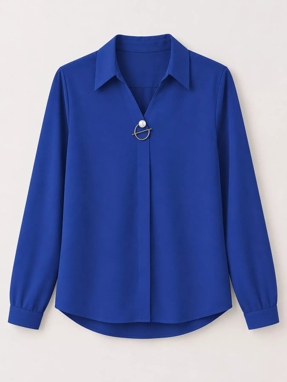 Women's Collared Clasp Detail Long Sleeve Satin Blouse in blue — flat lay view