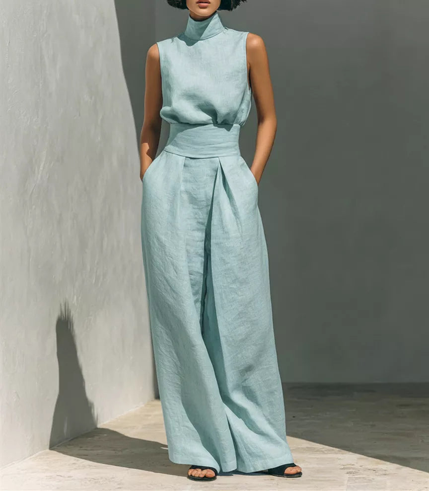 Turtleneck sleeveless top and wide-leg pants set