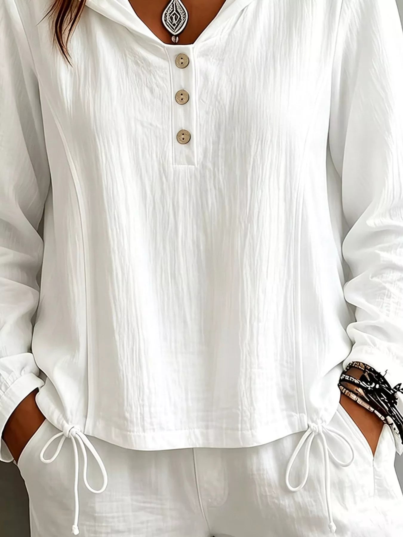 Trendsi Button Detail Long Sleeve Hooded Blouse -
