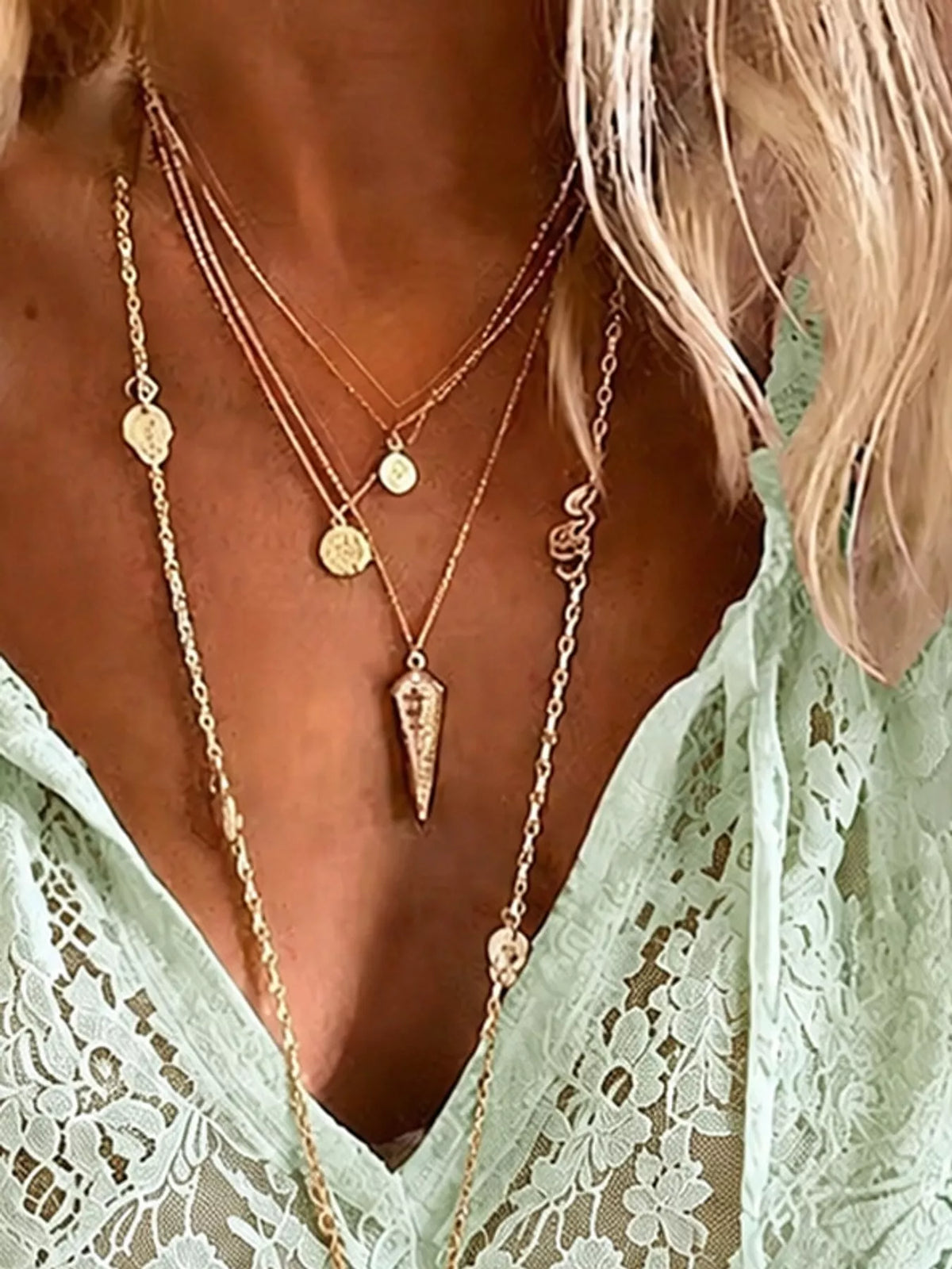 Pale green lace long sleeve blouse, detail view