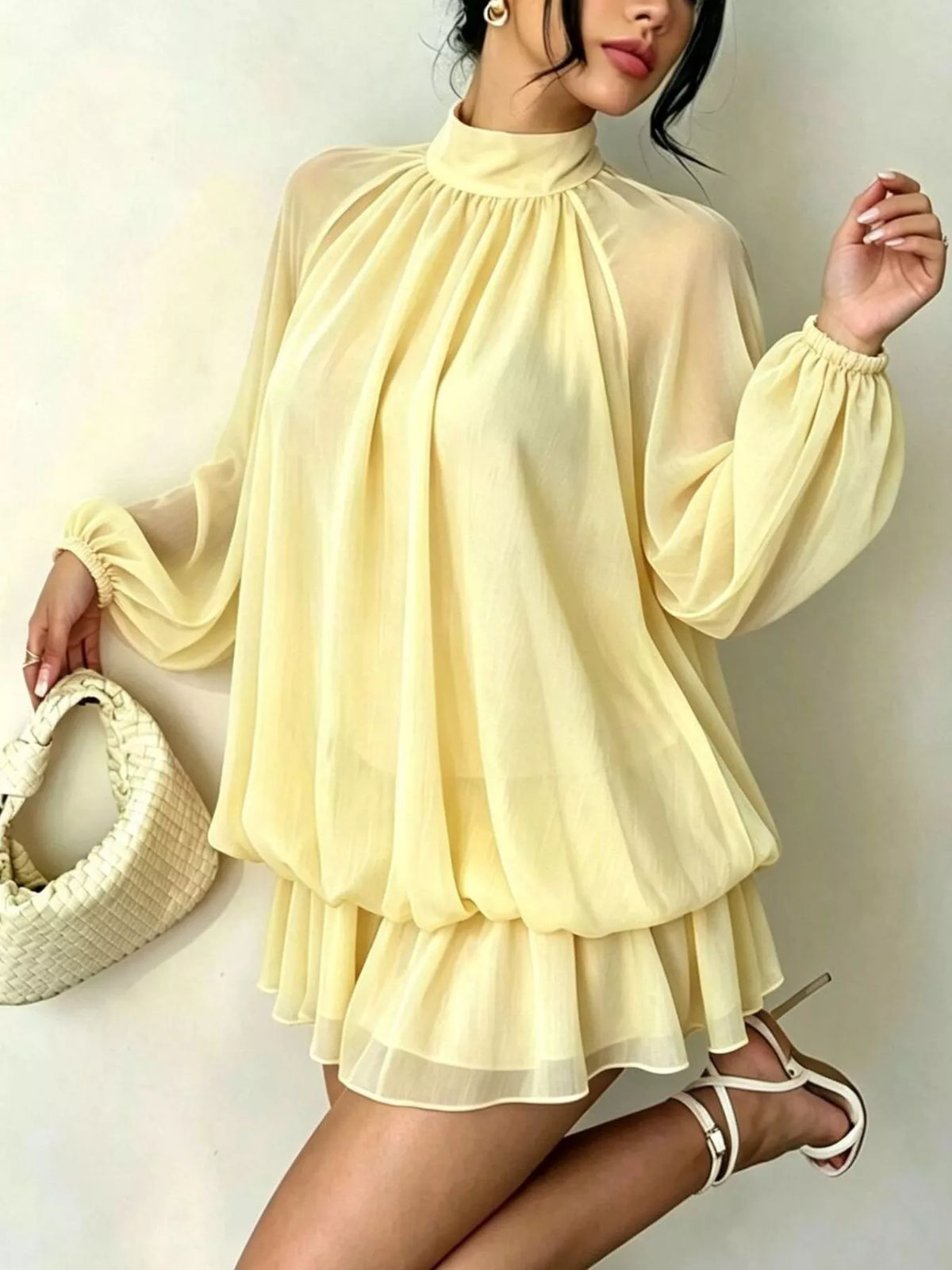 Yellow mock neck sheer chiffon mini dress