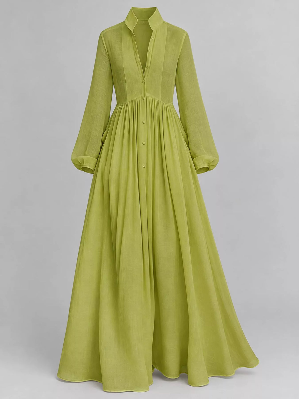 Lime green long sleeve button-front maxi dress, product view