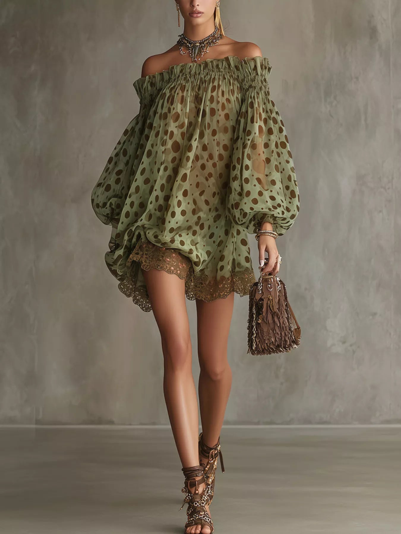Trendsi Off-Shoulder Polka Dot Sheer Mini Dress -