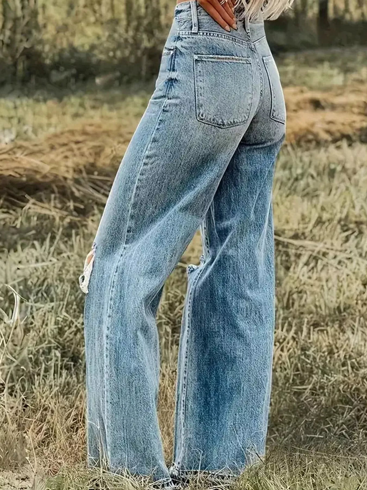 Mid-Rise Distressed Wide-Leg Jeans, back view
