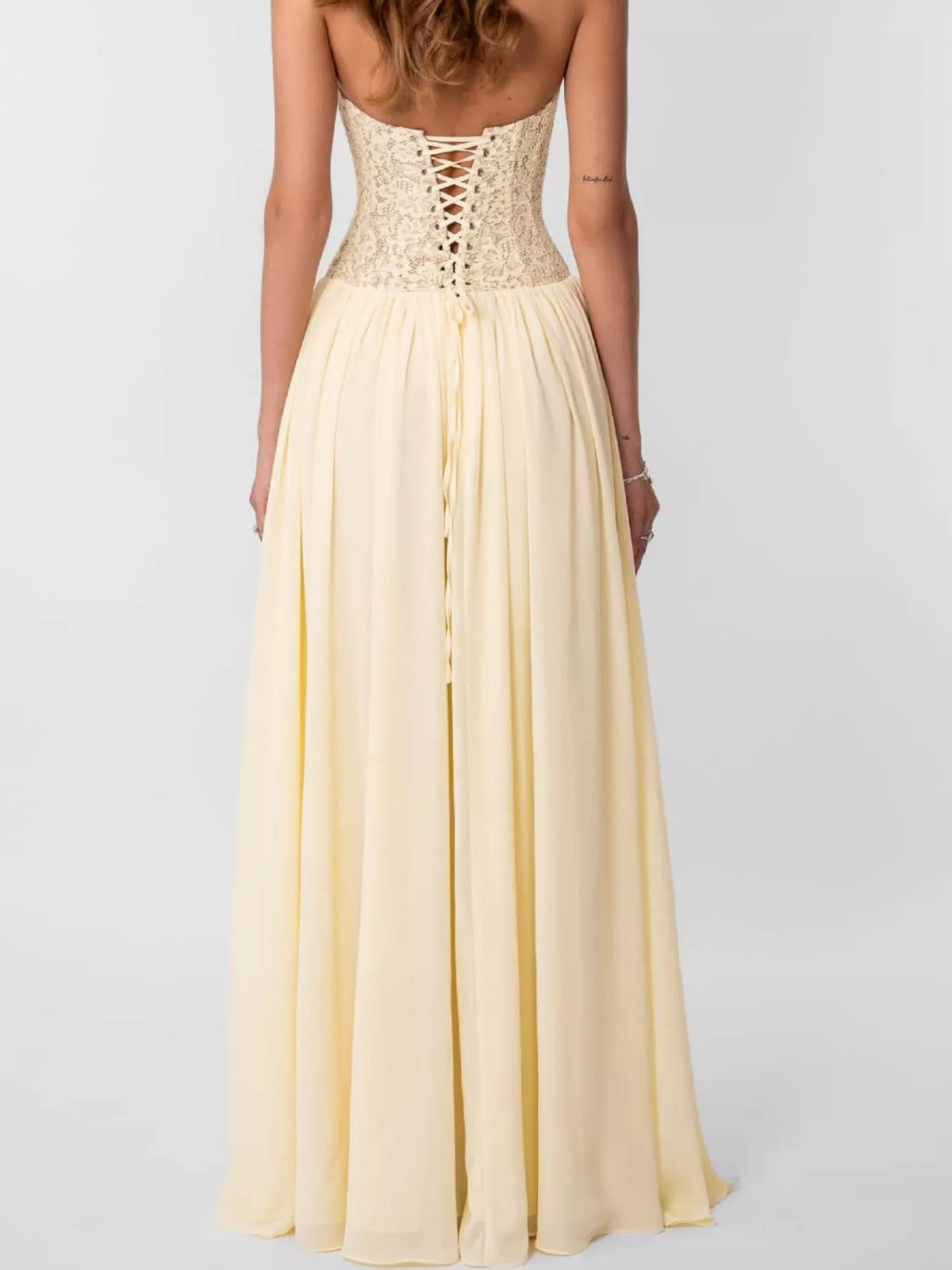 Yellow lace corset halter neck maxi dress — back view
