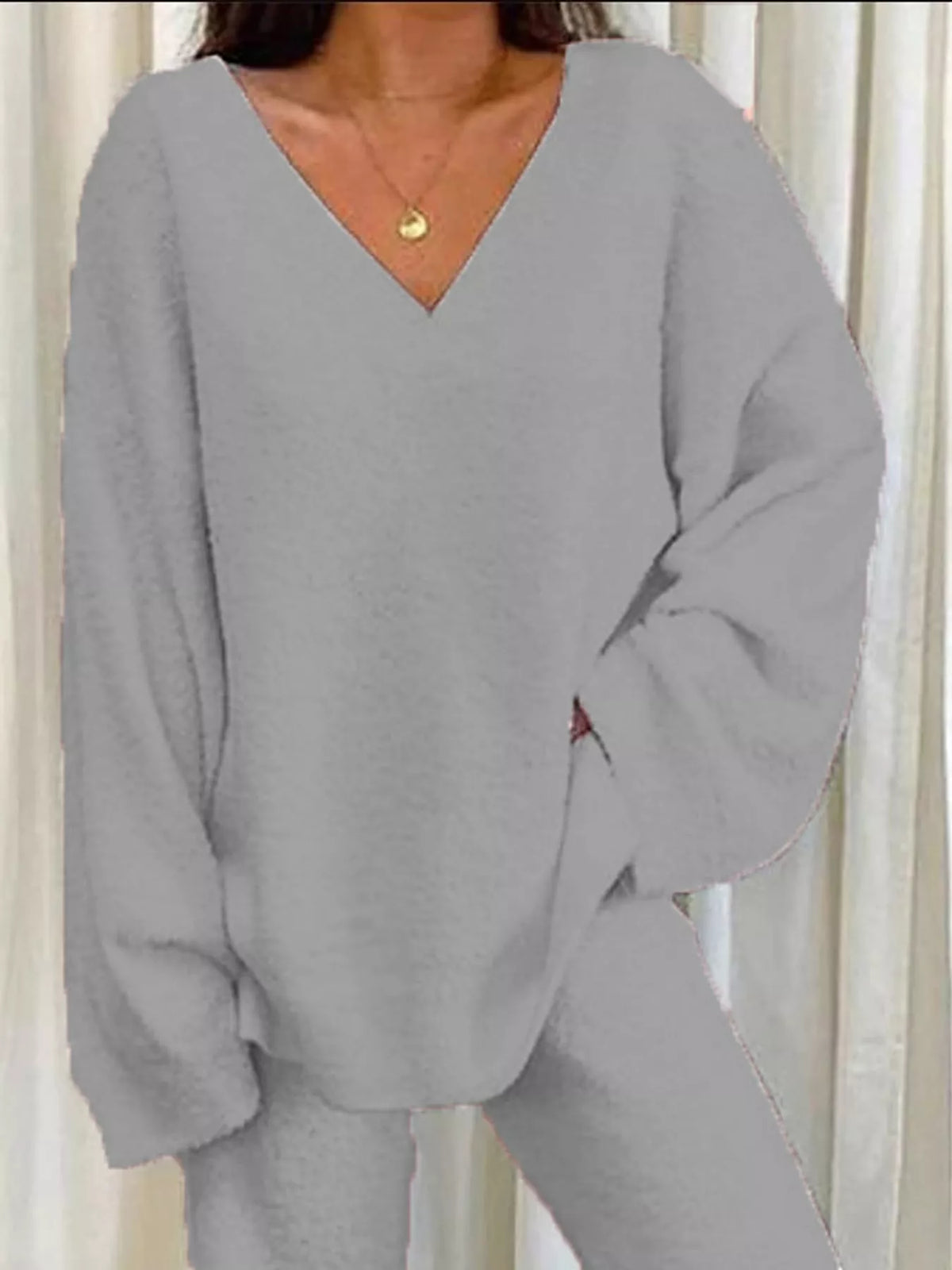 V-Neck Top and Wide Leg Pants Lounge Set in gray