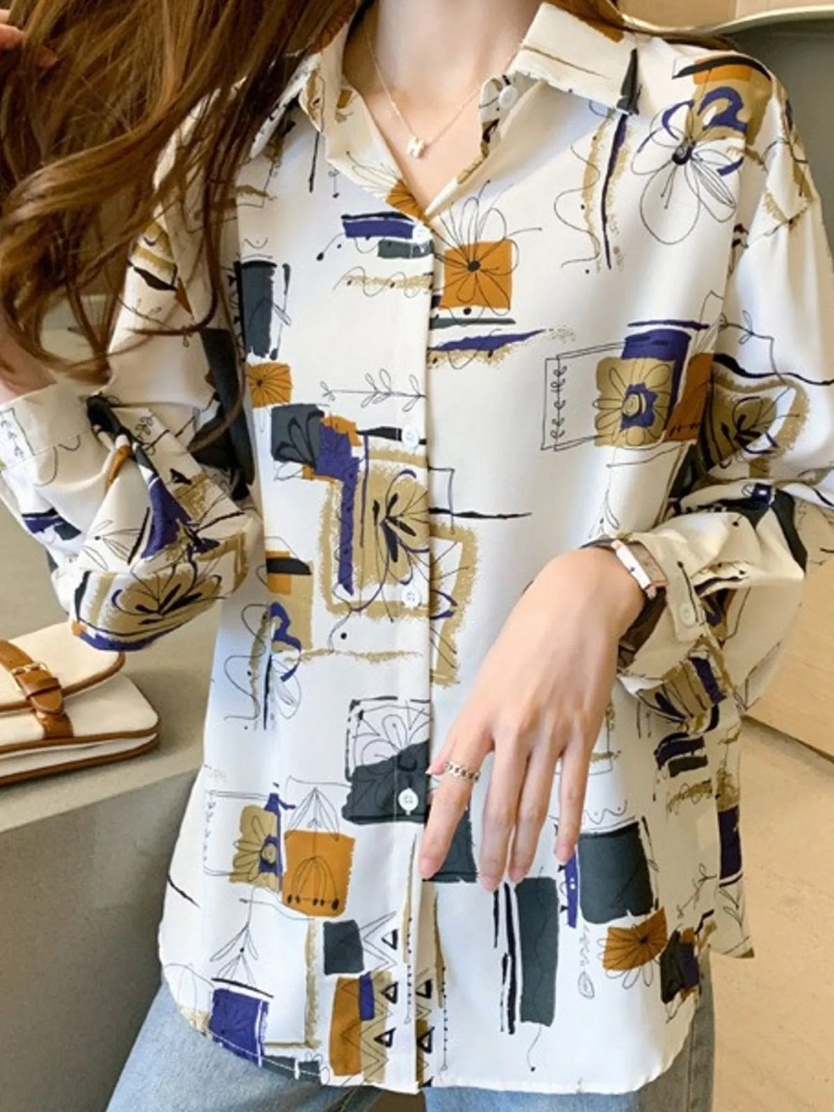 Printed Long Sleeve Button-Down Shirt in white with multicolor print