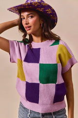 Trendsi SO ME Mardi Gras Check Plaid Casual Sweater Top -