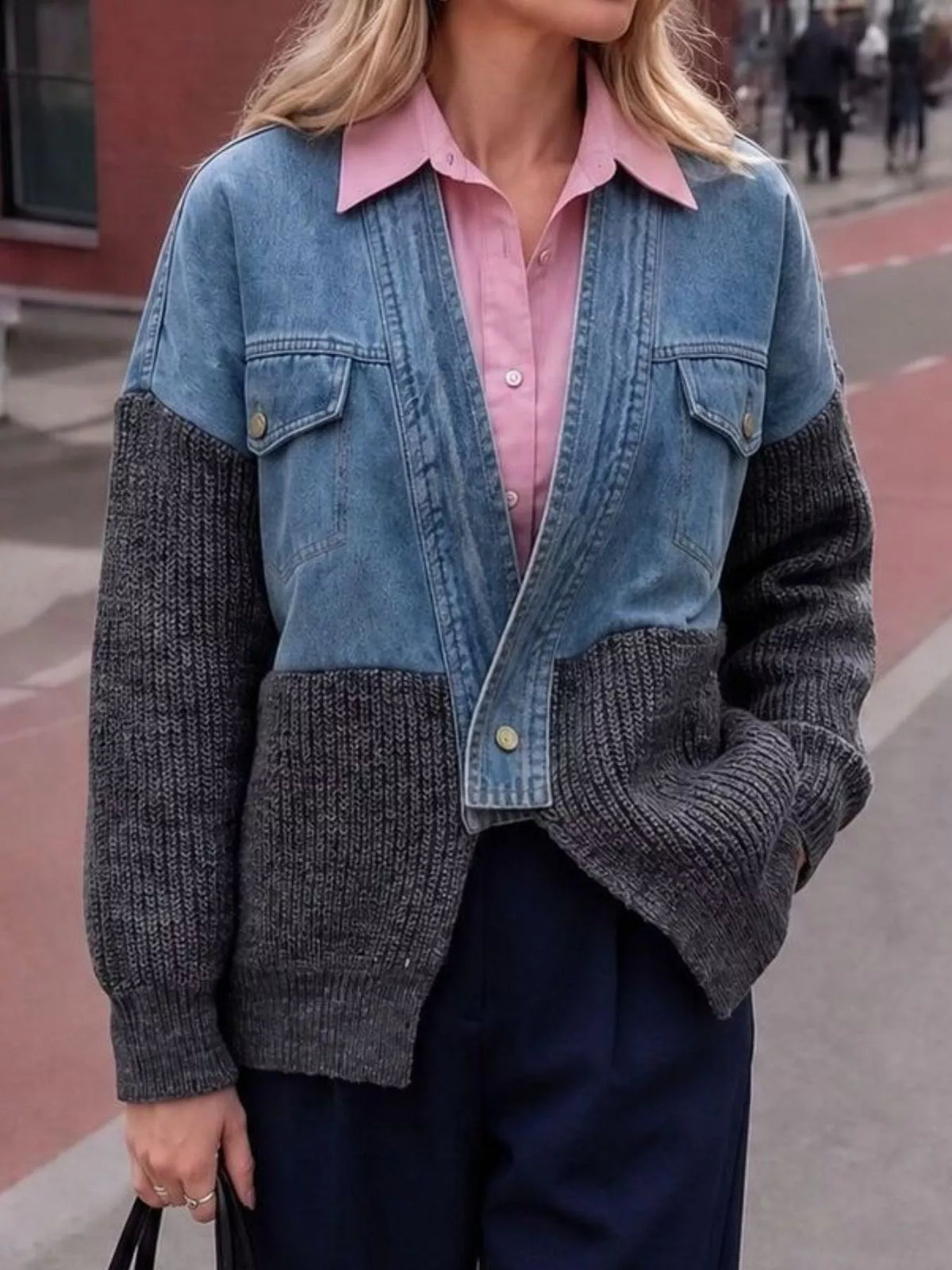 Trendsi Contrast Denim and Knit Patchwork Cardigan -