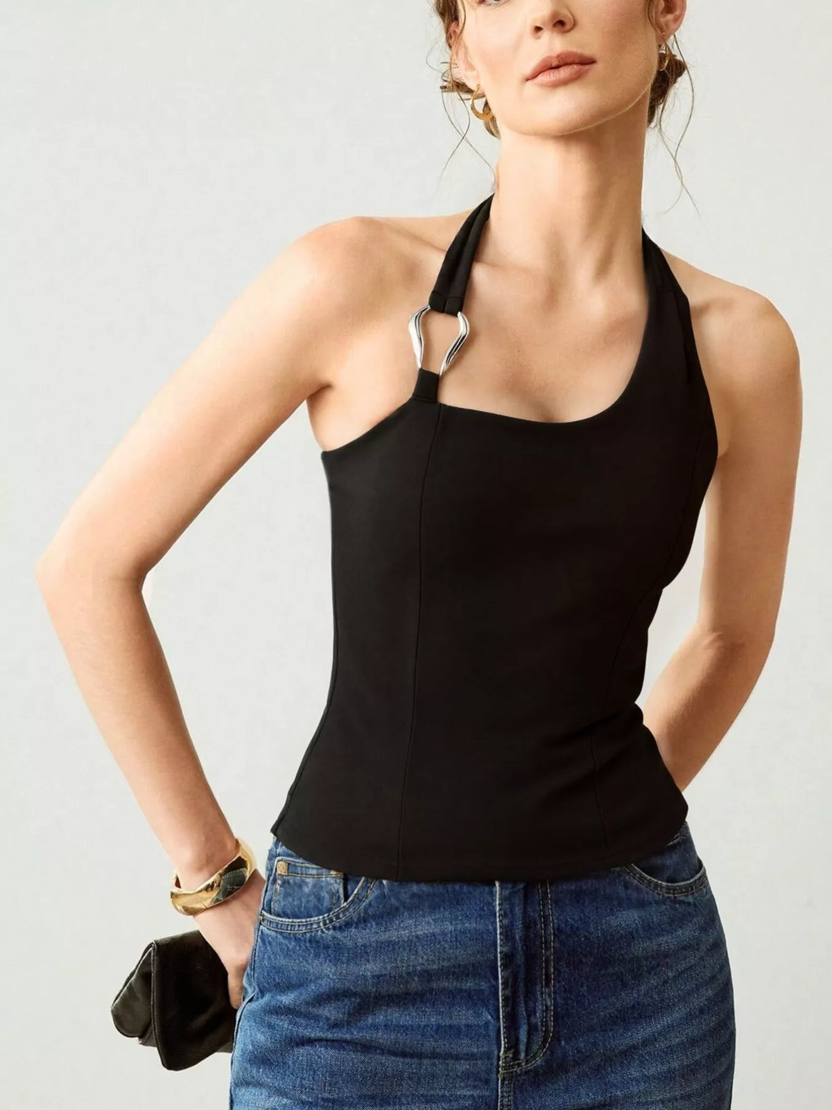 Women's Halter Neck Tank with Metallic Ring Detail in Black, back view