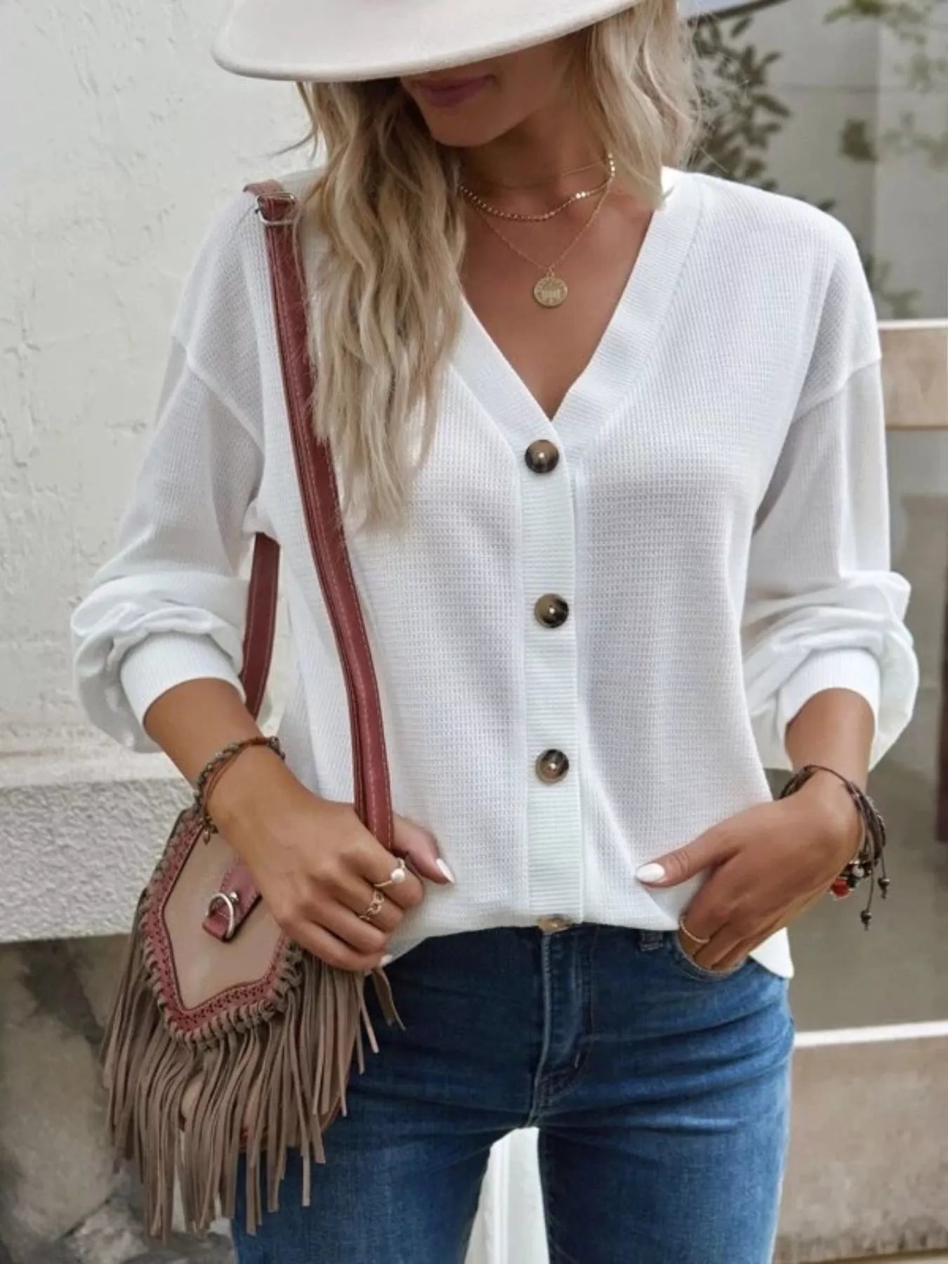 Trendsi Casual V-Neck Waffle Long Sleeve Top -