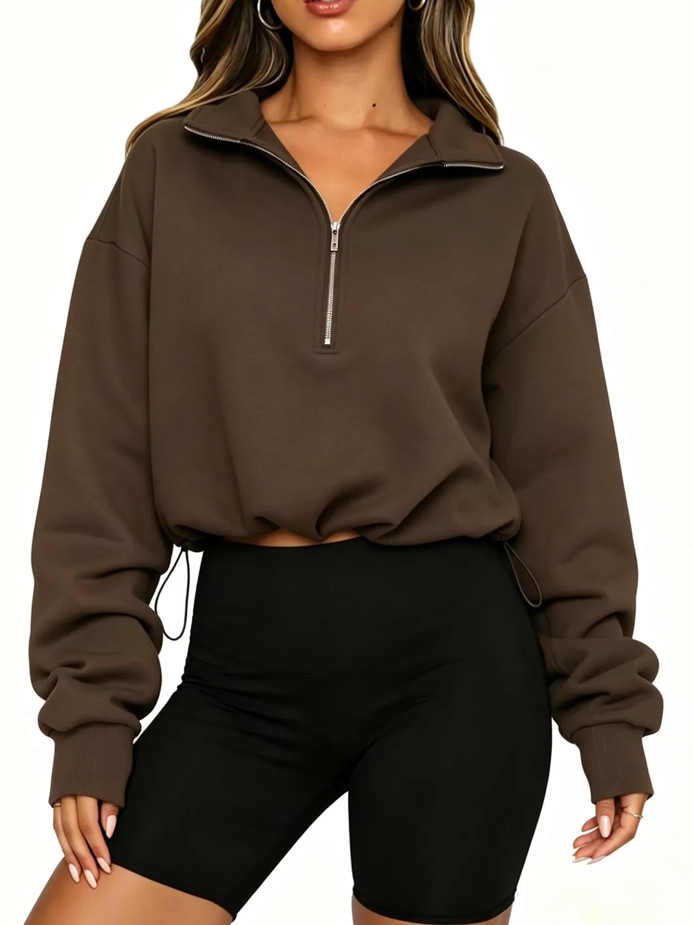 Trendsi Half Zip Drawstring Hem Sweatshirt -