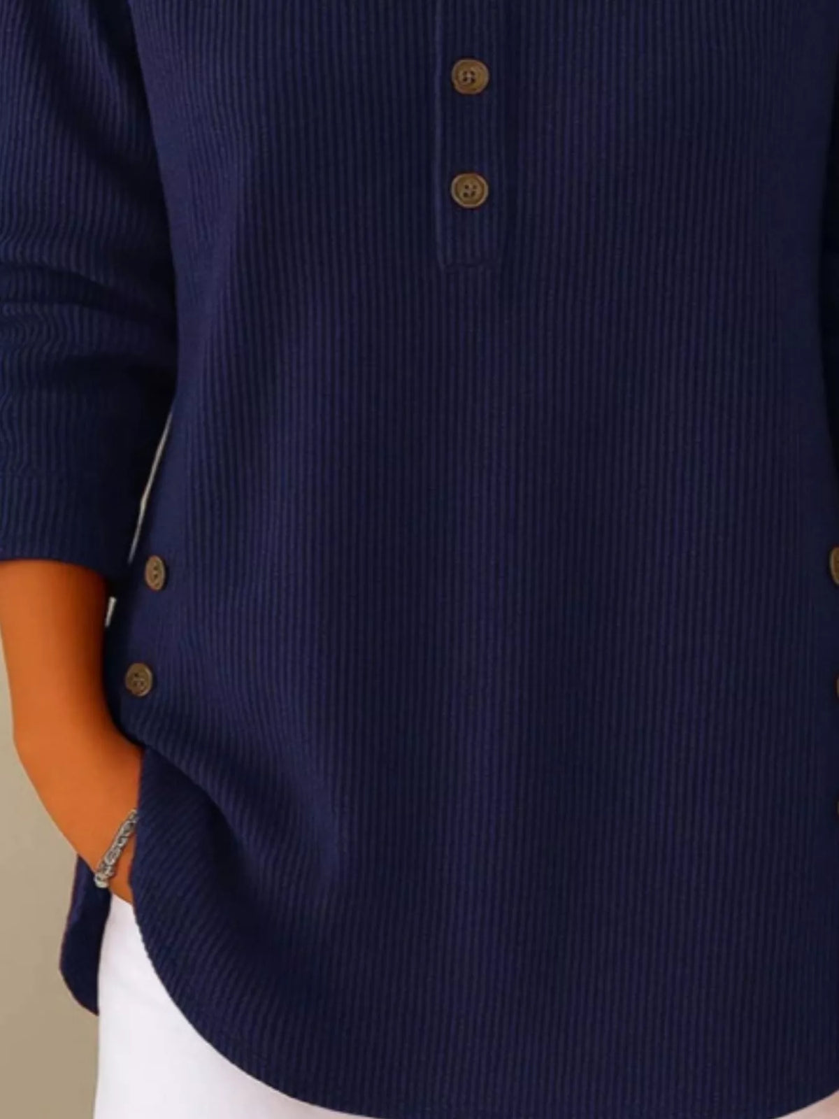 Women's Button Detail Corduroy Top in Navy Blue, back view