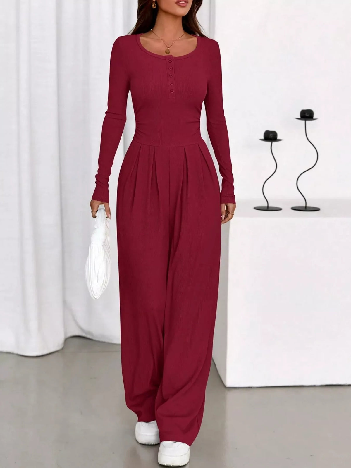 Long Sleeve Ribbed Knit Wide-Leg Jumpsuit — front view
