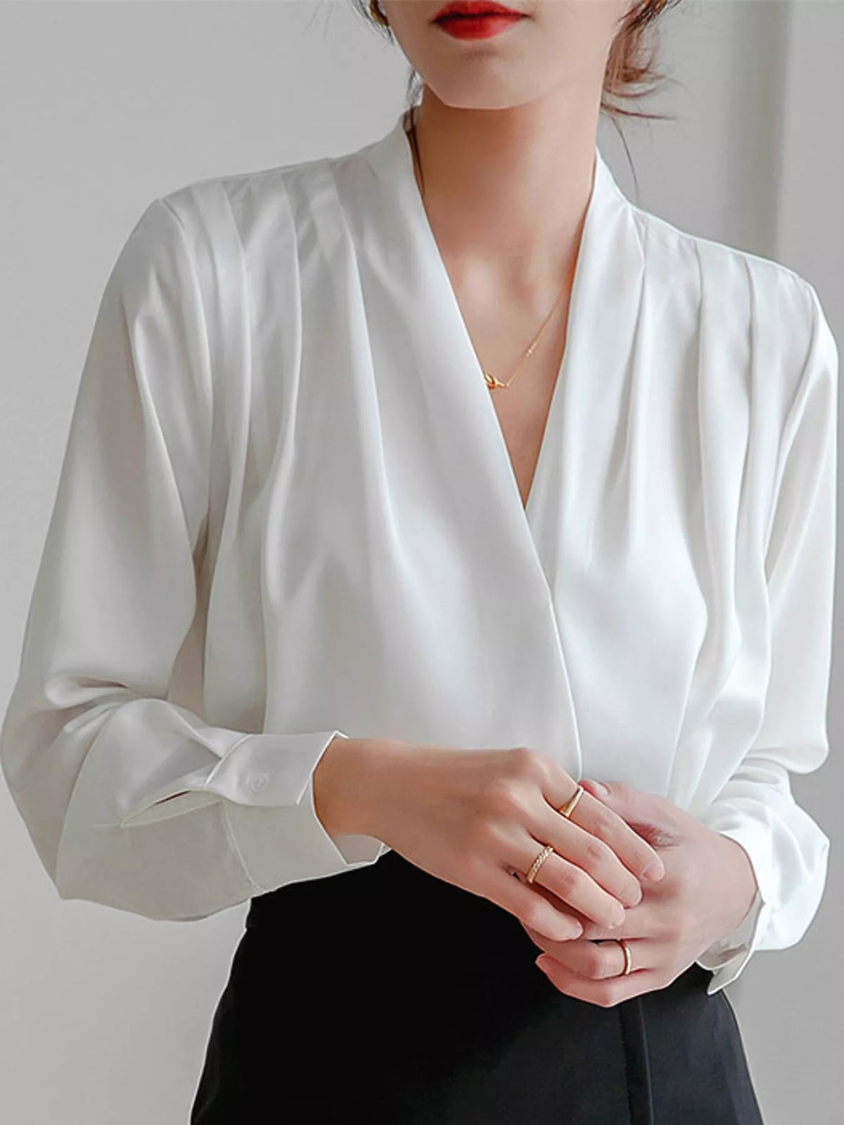 Women's V-Neck Pleated Shoulder Satin Blouse in white — front view