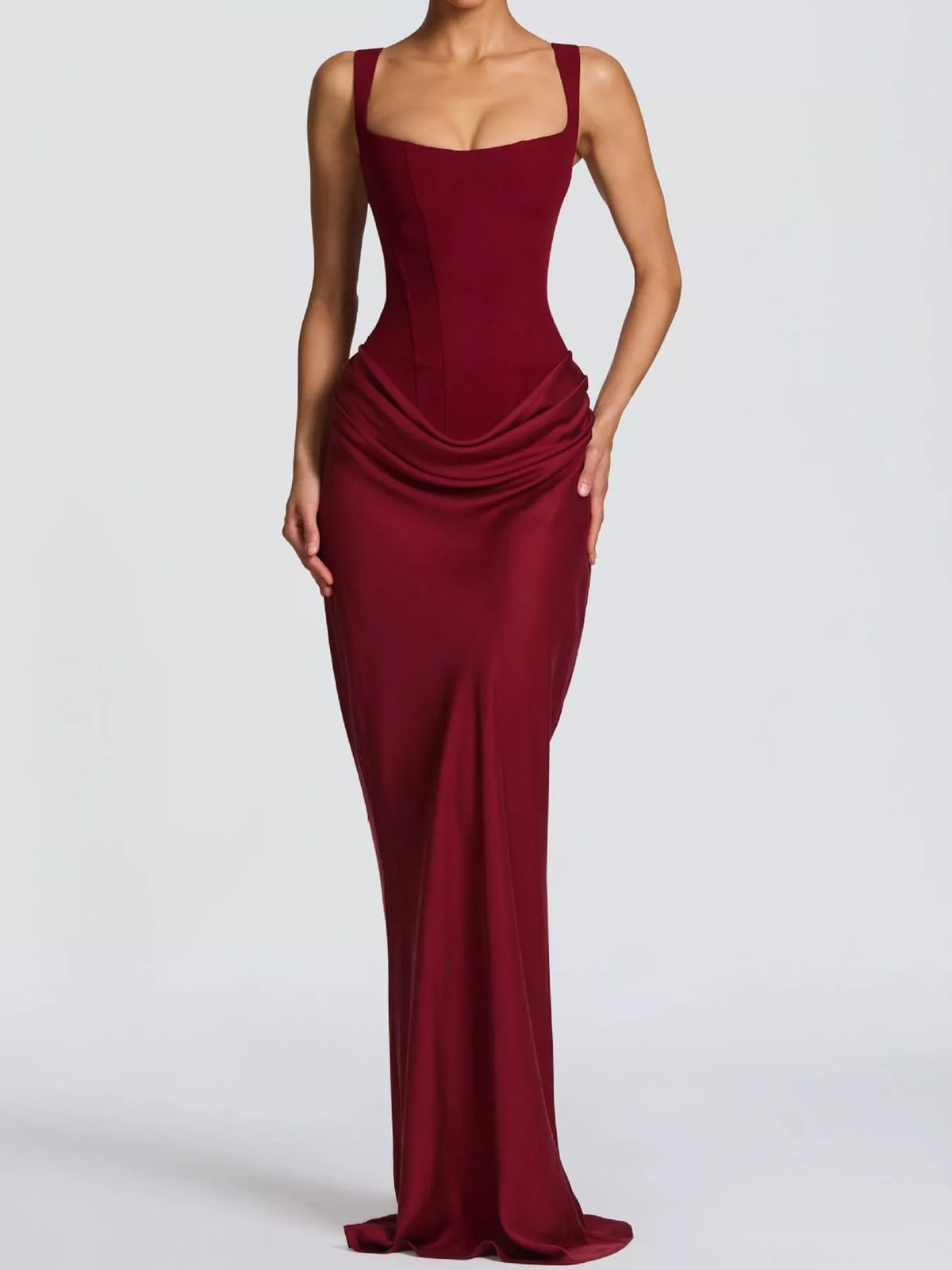 Square neck sleeveless maxi dress, front view on model