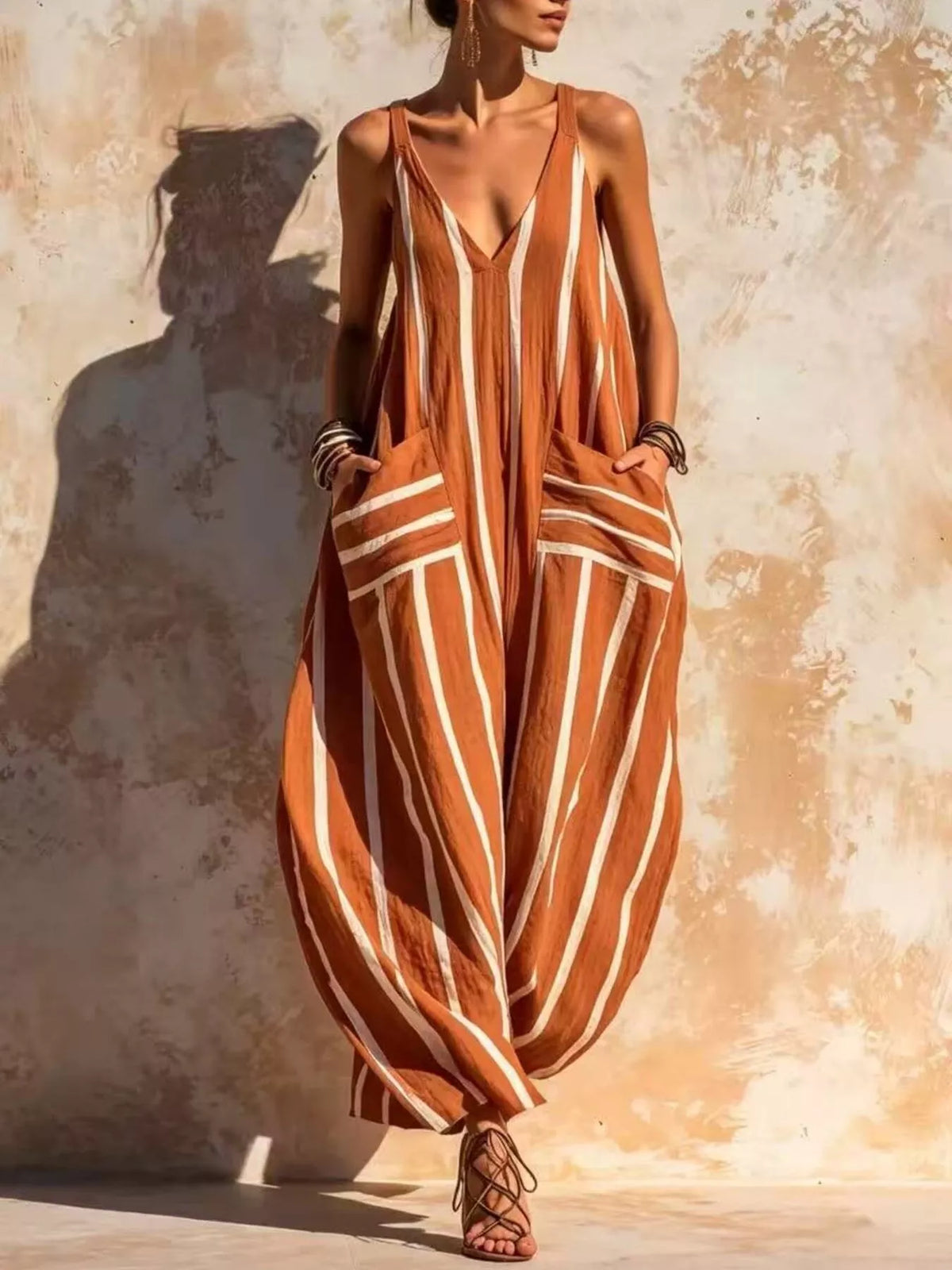 Orange and white striped sleeveless jumpsuit, full front view