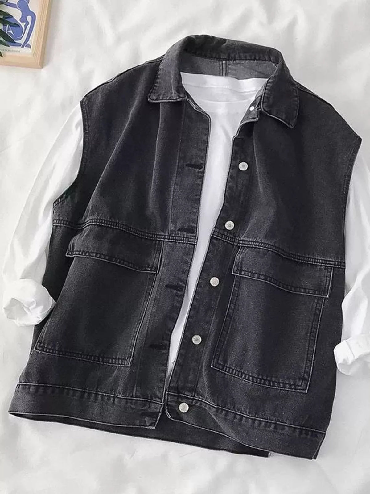 Black vintage washed sleeveless denim jacket vest