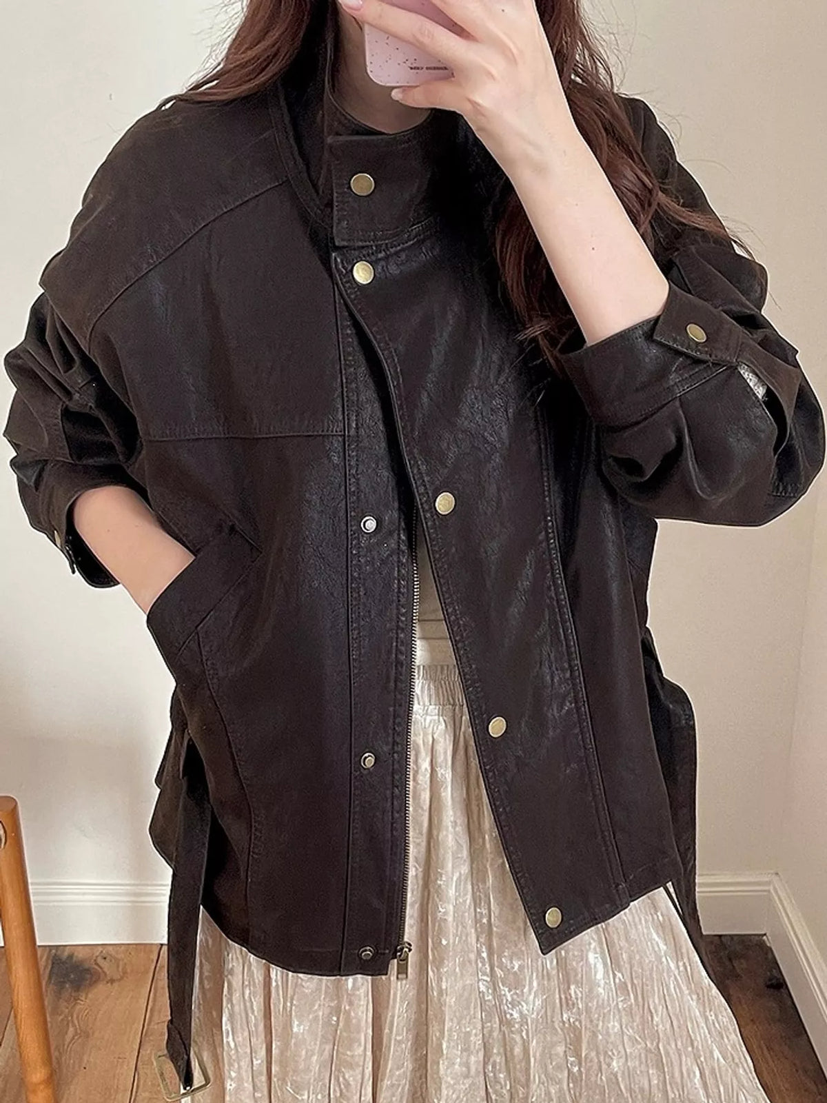 Brown snap down long sleeve jacket