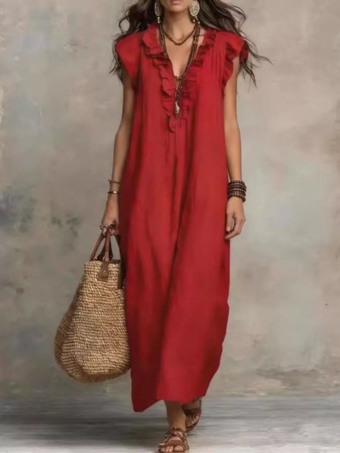 Trendsi Full Size Bohemian Ruffle Neck Maxi Dress Plus Size -