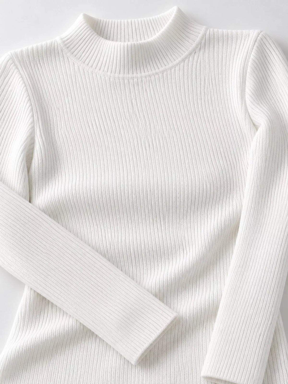 White ribbed mock neck long sleeve knit top, ribbed knit and neckline detail