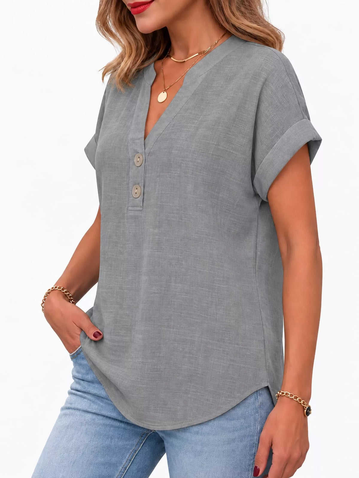 Gray button detail short sleeve blouse, side view