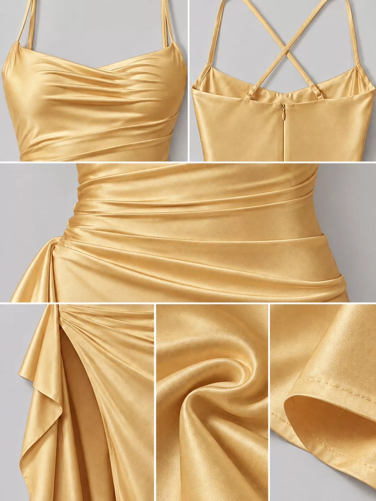 Gold satin ruched high slit maxi dress, detail view