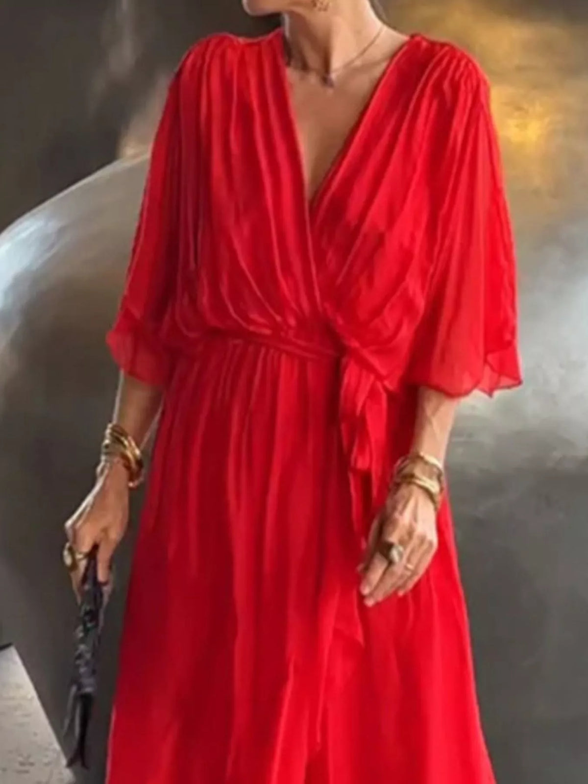 Trendsi Full Size Chiffon Wrap Dress with Flutter Sleeves Plus Size -