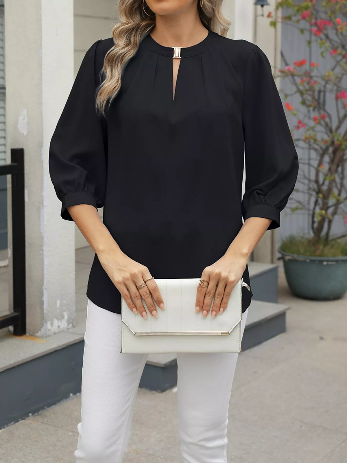 V-Neck Metal Buckle Detail Blouse in black