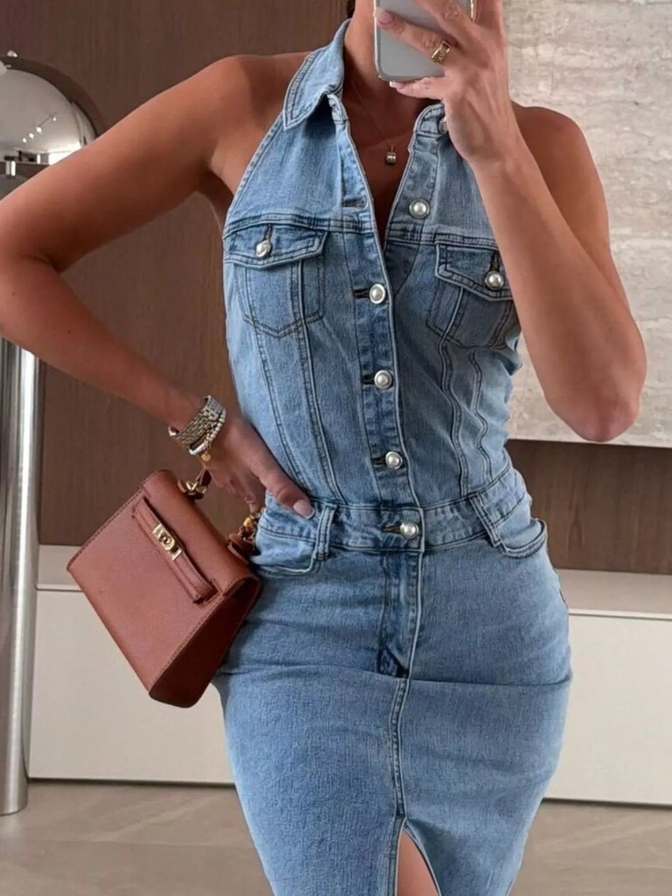 Trendsi Slit Backless Halter Neck Button-Down Denim Midi Dress -