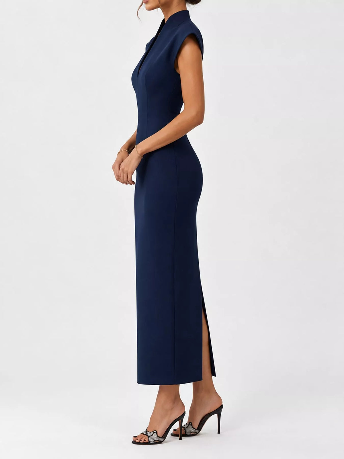 Women's Slit Sleeveless Bodycon Midi Dress in navy — side view