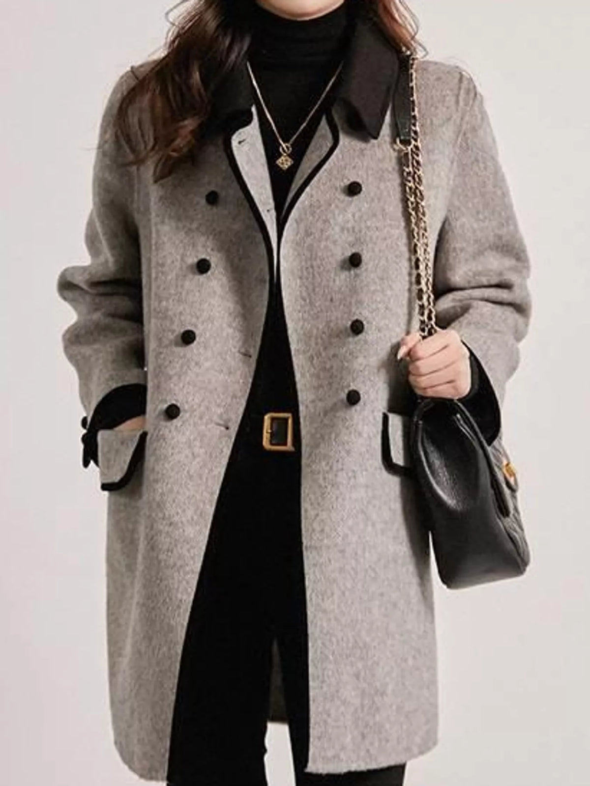 Gray double breasted coat with contrast trim, front view