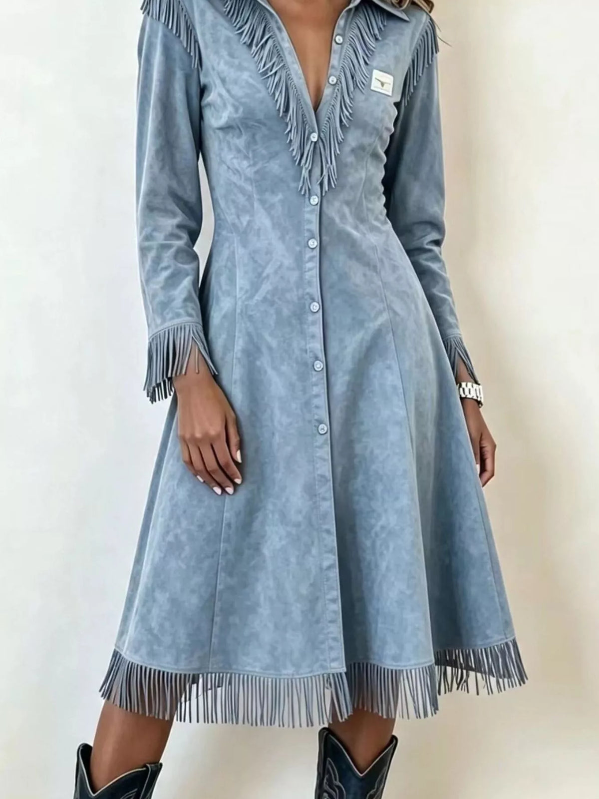Long Fringe Button-Front Jacket in blue, front view