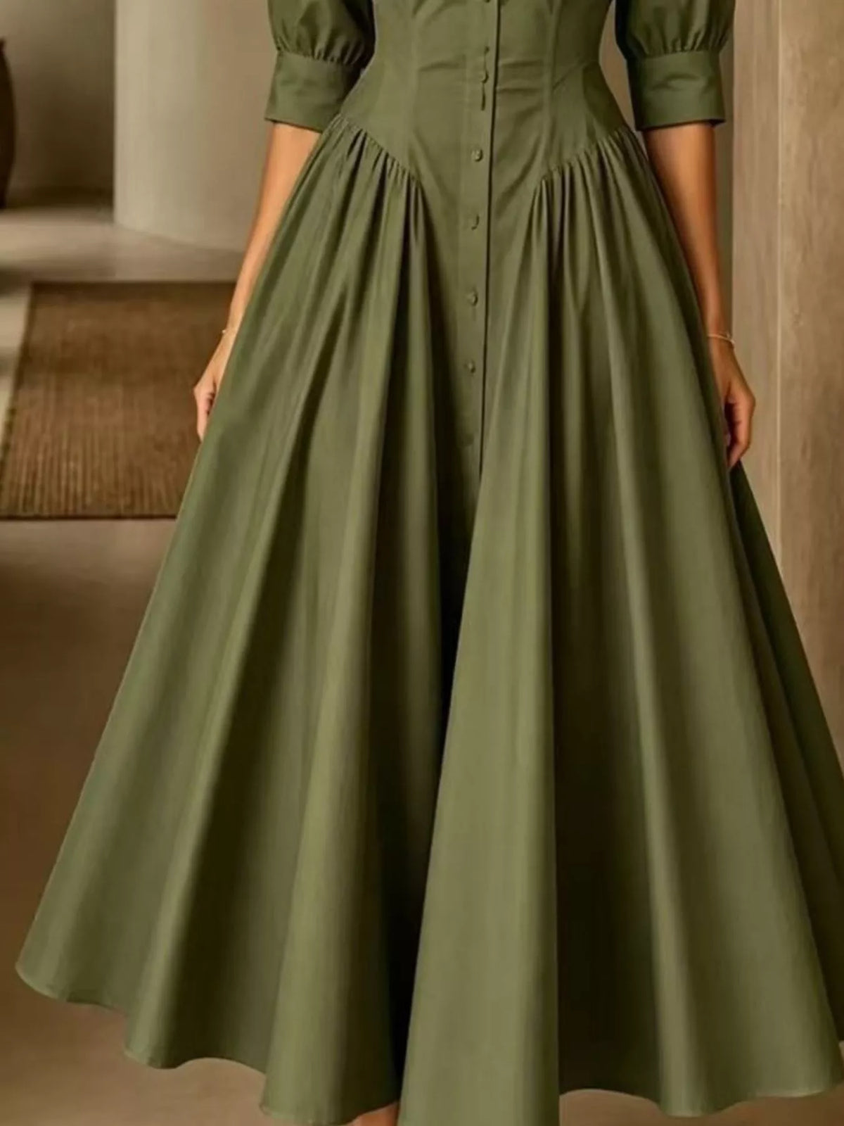 Button-Down Shirt Dress with Cinched Waist, skirt detail