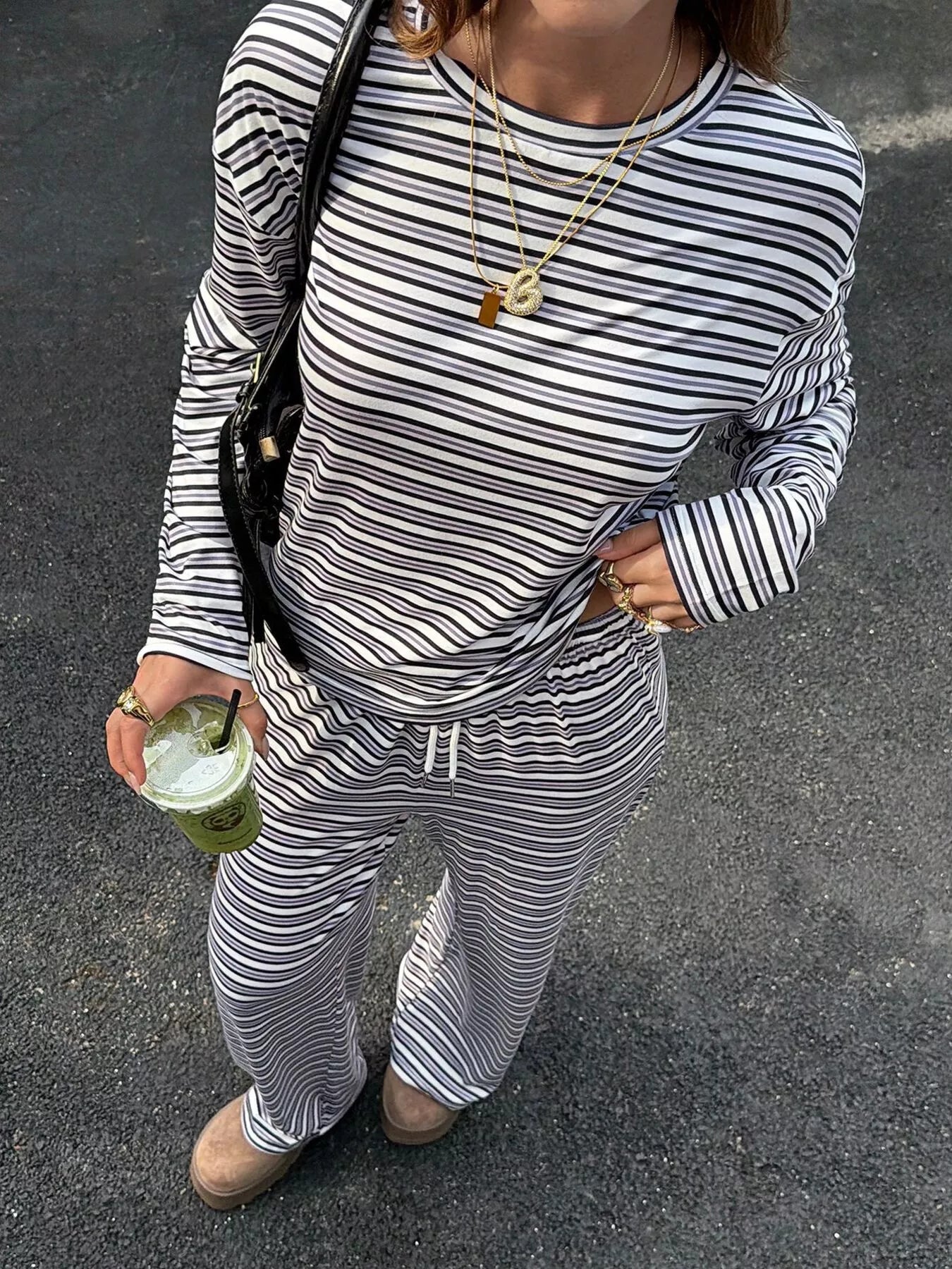 Trendsi Striped Casual Long Sleeve Top and Wide Leg Pants Set -
