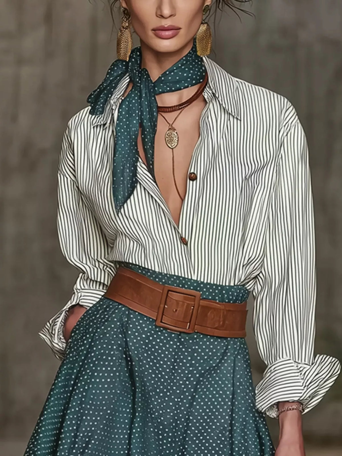 Trendsi Button Up Shirt and Polka Dot Skirt Set -