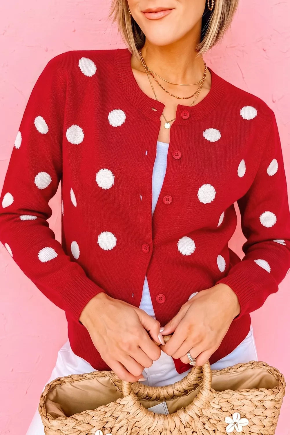 Trendsi Casual Polka Dot Button Front Long Sleeve Sweater Cardigan -