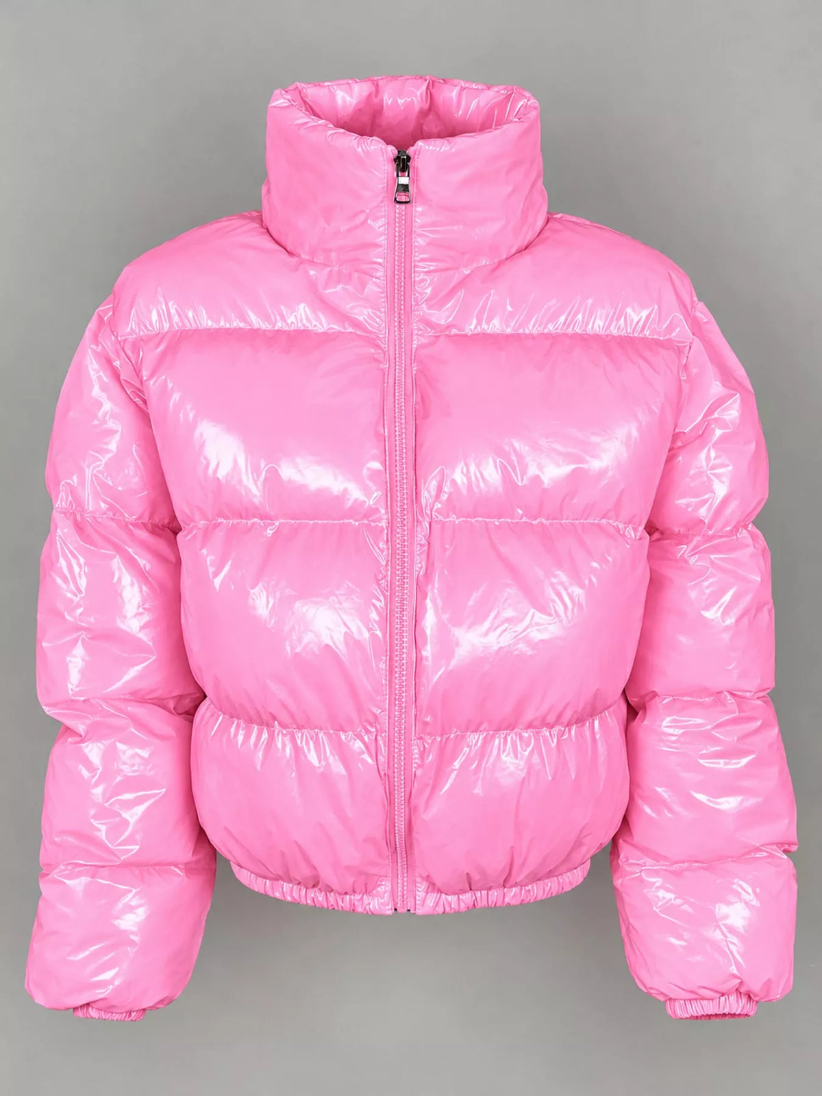 Glossy Stand-Collar Zip-Up Puffer Jacket — garment front