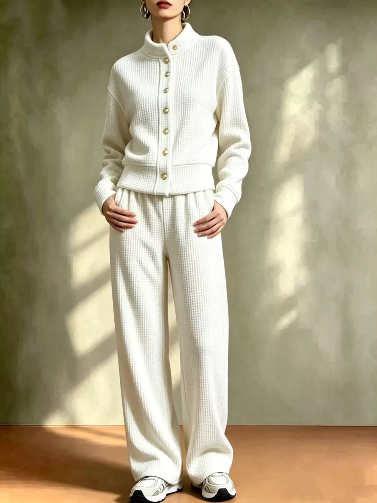 White waffle knit button-up outerwear and wide-leg pants set